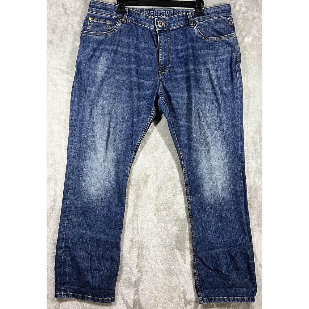 Yellow DNM Workshop Jeans Men's 38x31 Blue Denim Straight Damon Whiskers Wideleg